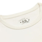 Close-up of a cream-colored crewneck t-shirt showing the inner neck label with the 'Double RL' brand logo.