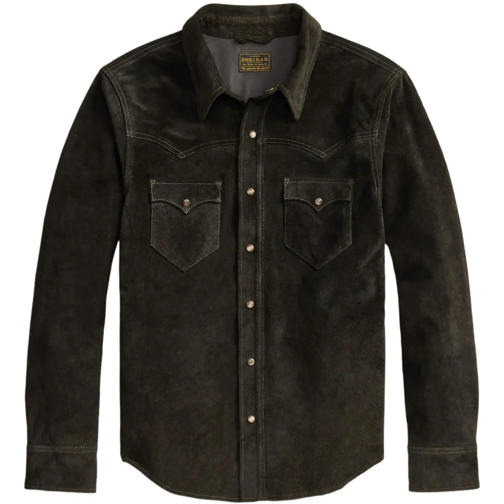 A vintage black suede western-style shirt jacket with two buttoned chest pockets, displayed on a clean white background.