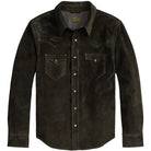 A vintage black suede western-style shirt jacket with two buttoned chest pockets, displayed on a clean white background.