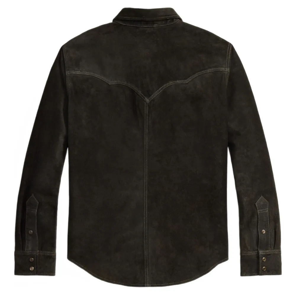 A vintage black suede western-style shirt jacket with a collar, shown from the back on a plain white background.