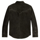 A vintage black suede western-style shirt jacket with a collar, shown from the back on a plain white background.