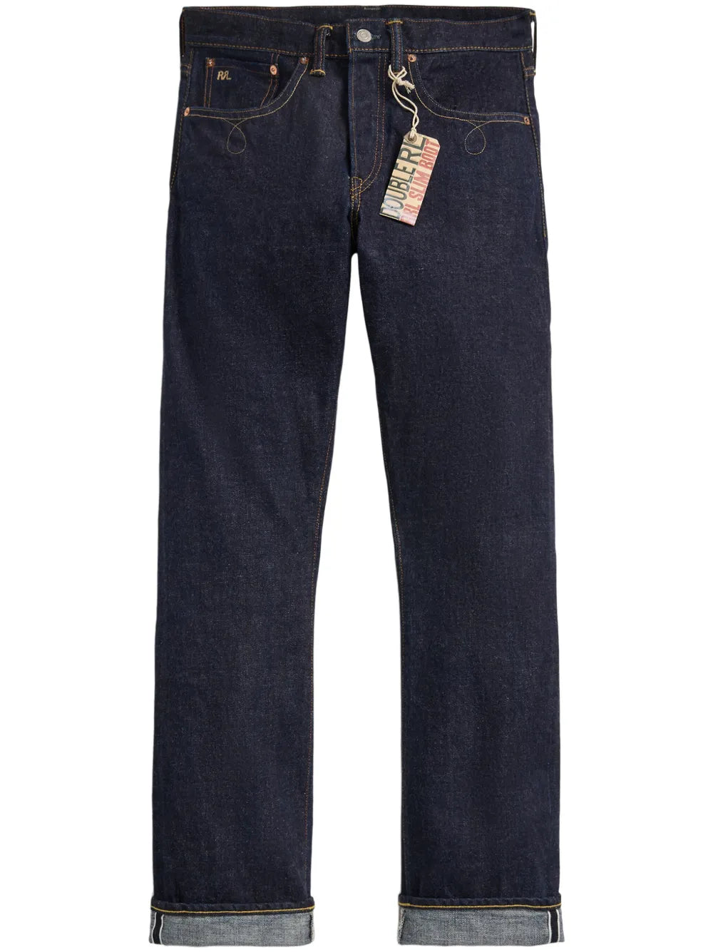 Dark blue jeans with a tag on a white background