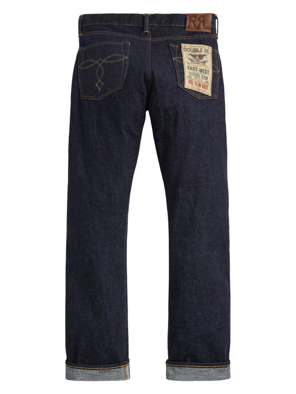 Dark blue denim jeans with a brand label on a white background
