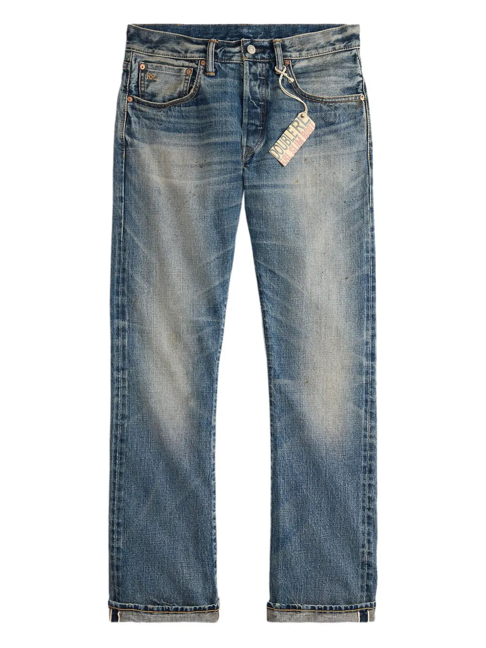 Pair of blue jeans with a tag on a white background