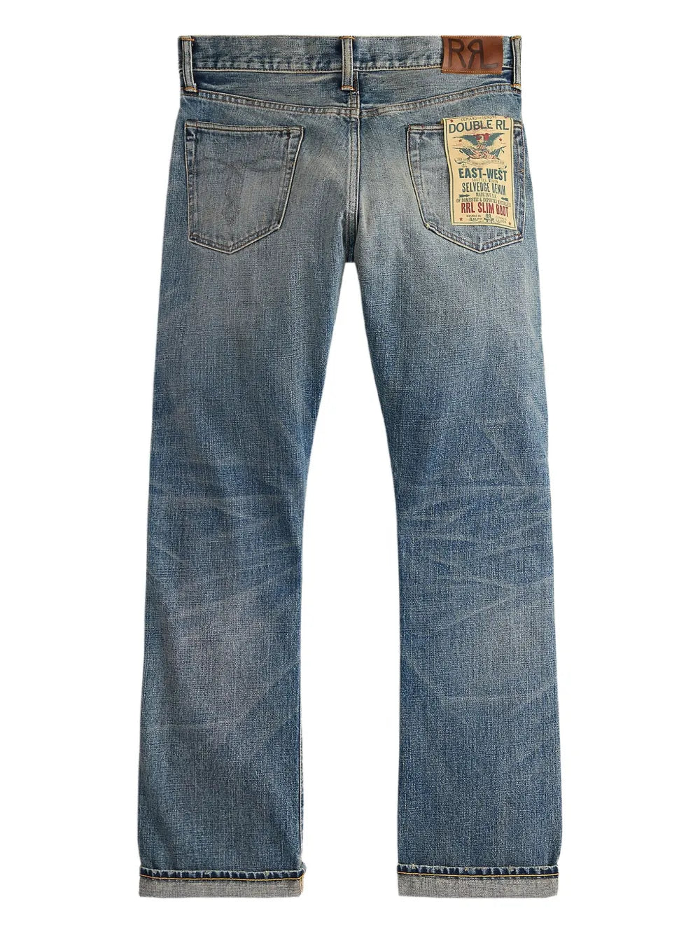Blue jeans with a brand label on a white background