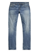 Light blue denim jeans with a faded wash and subtle whiskering, shown flat against a white background.