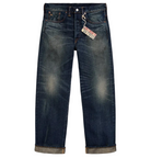 Blue jeans with a brand label on a white background
