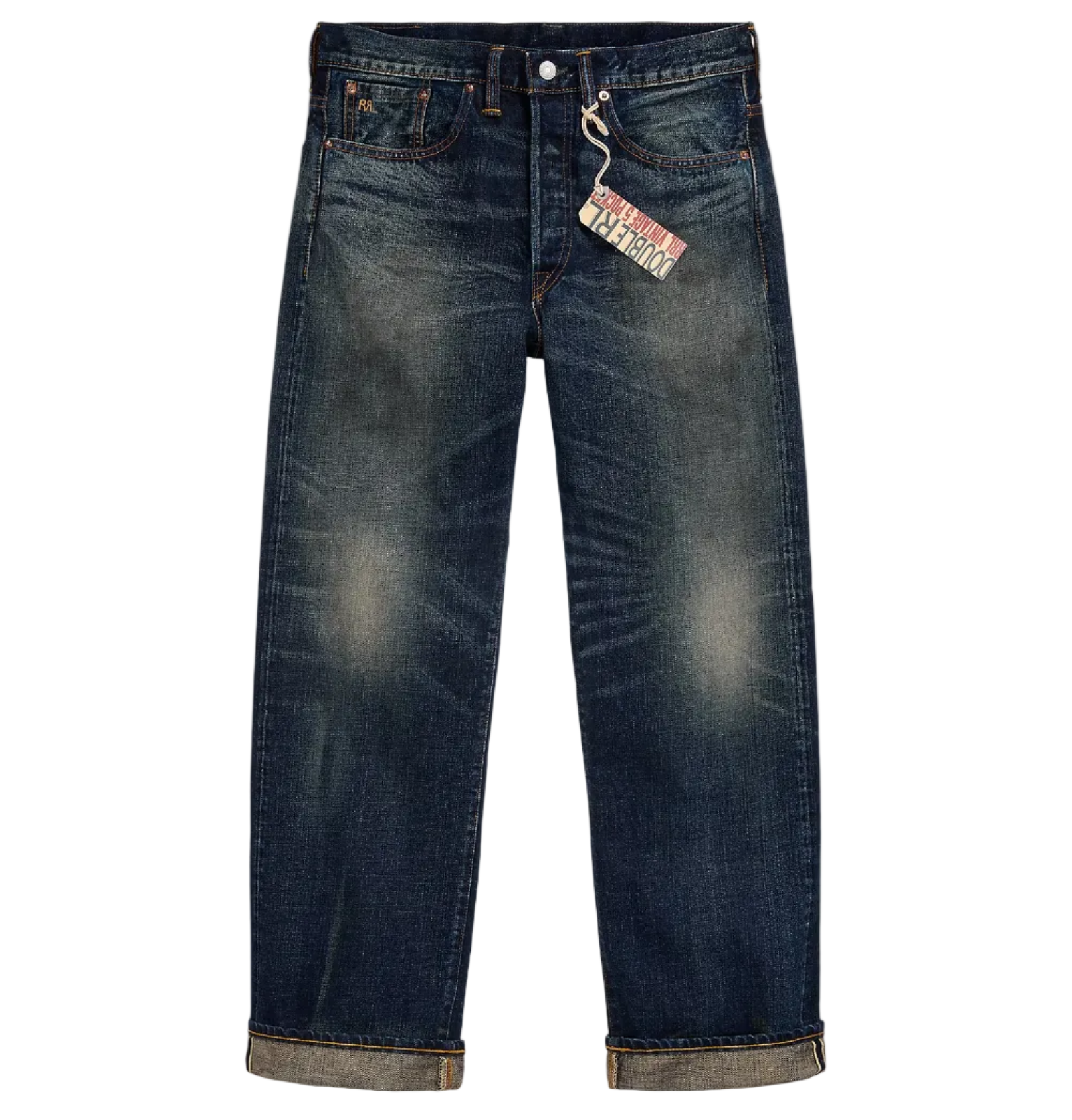 Blue jeans with a brand label on a white background