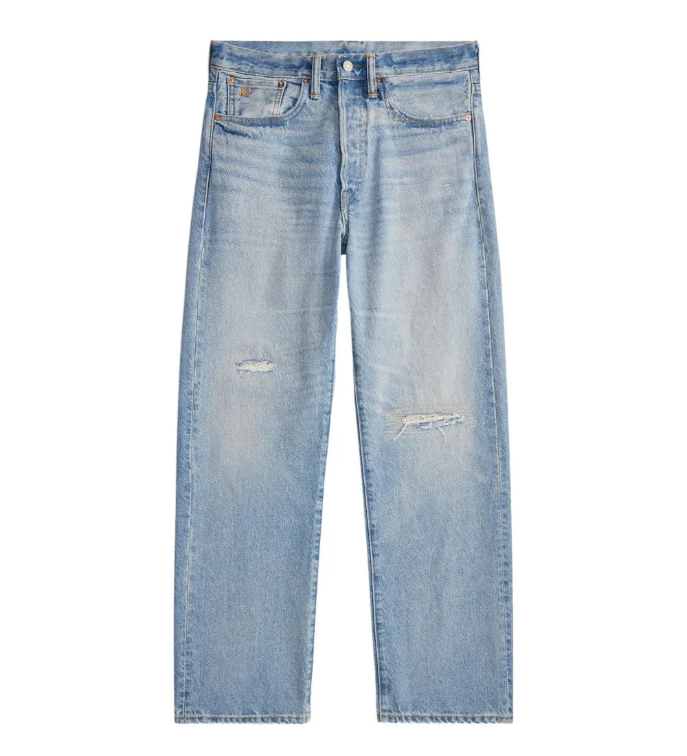 Light blue denim jeans with a straight-leg fit, featuring distressed rips on the thighs and knees, shown flat against a white background.