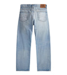 Light blue denim jeans shown from the back, featuring a brown leather patch with 'RRL' branding on the back waistband, set against a plain white background.