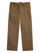 A pair of brown chino pants shown flat against a plain white background.