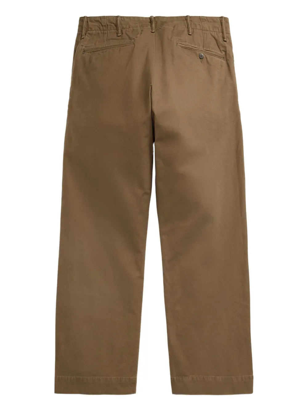 A pair of brown chino pants shown from the back, featuring a button closure, belt loops, and two back pockets, set against a plain white background.