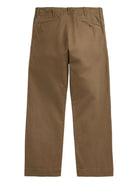 A pair of brown chino pants shown from the back, featuring a button closure, belt loops, and two back pockets, set against a plain white background.