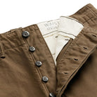 Close-up of brown pants showing a buttoned waistband, dark buttons, and a cream inner label that reads 'WAIST INS.