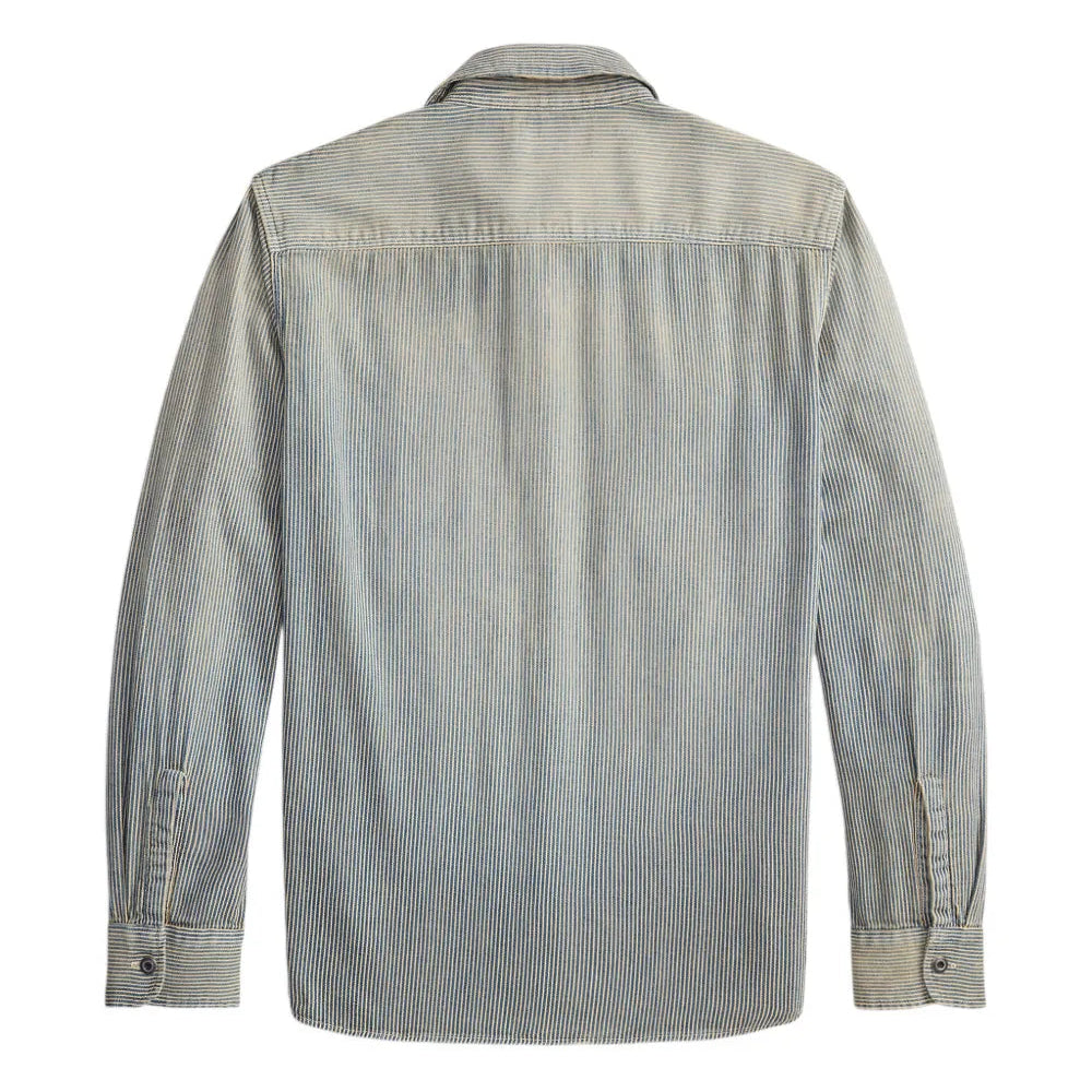 A light gray striped long-sleeve button-up shirt shown from the back, photographed against a plain white background.