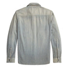 A light gray striped long-sleeve button-up shirt shown from the back, photographed against a plain white background.