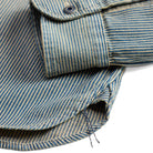 Close-up of a striped fabric garment, showing a folded cuff with a button and a hem detail on a white background.