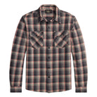A long-sleeve button-up plaid shirt in a dark charcoal gray and black pattern with thin red and white stripes, featuring two buttoned chest pockets, shown on a plain white background.