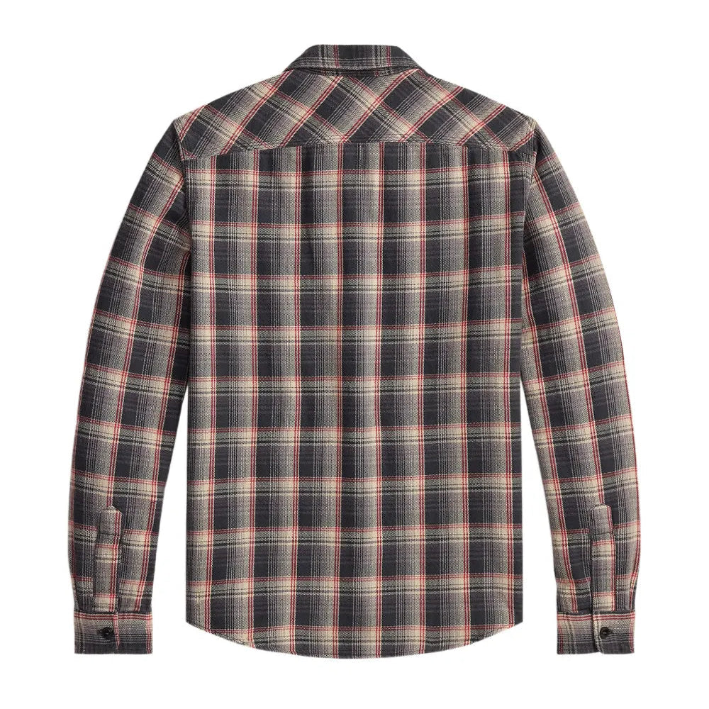A long-sleeve plaid button-up shirt shown from the back, featuring a dark gray and black base with intersecting pink and beige stripes.