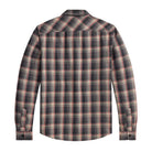 A long-sleeve plaid button-up shirt shown from the back, featuring a dark gray and black base with intersecting pink and beige stripes.