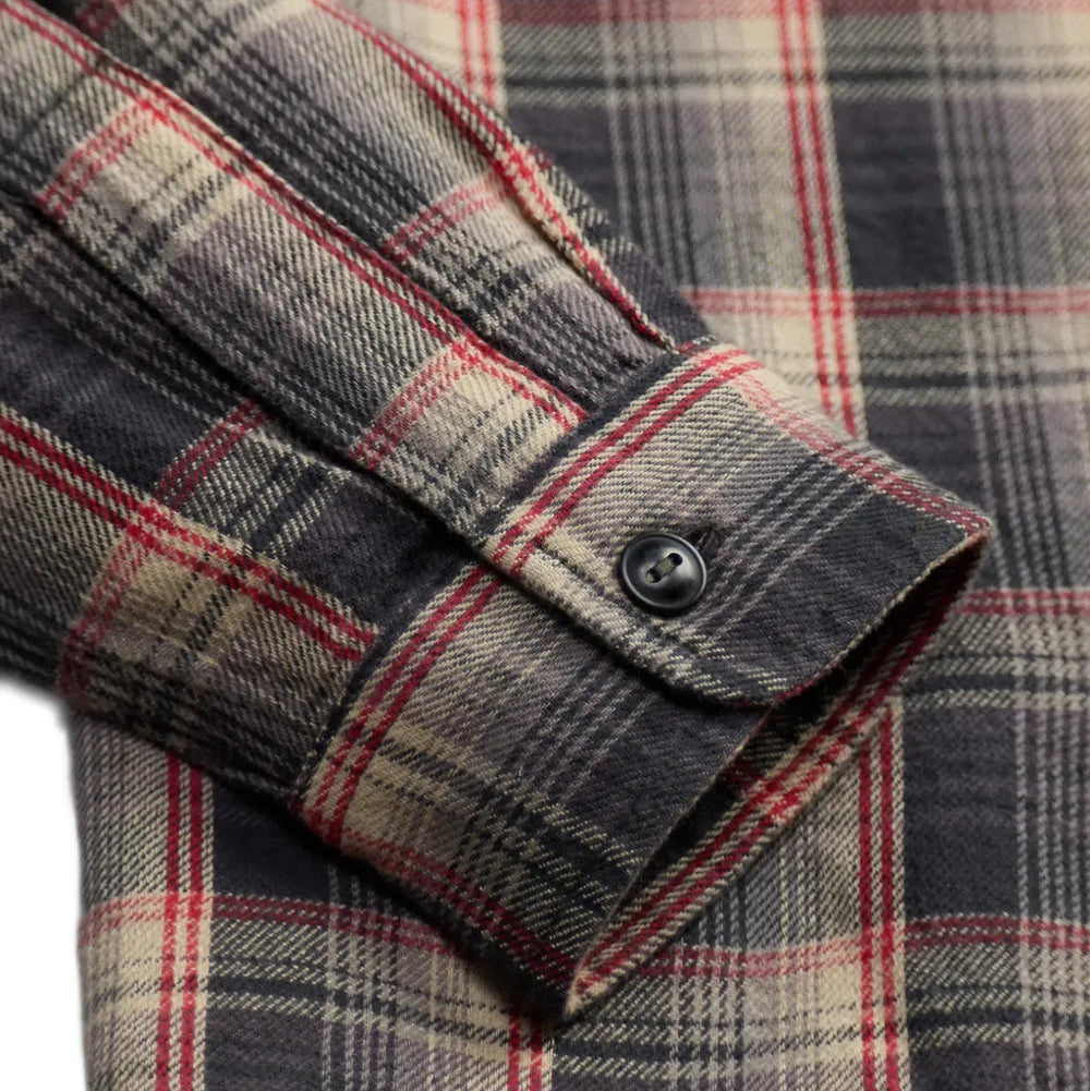 Close-up of a plaid flannel shirt cuff with a button, showing a pattern of dark gray, beige, and red.