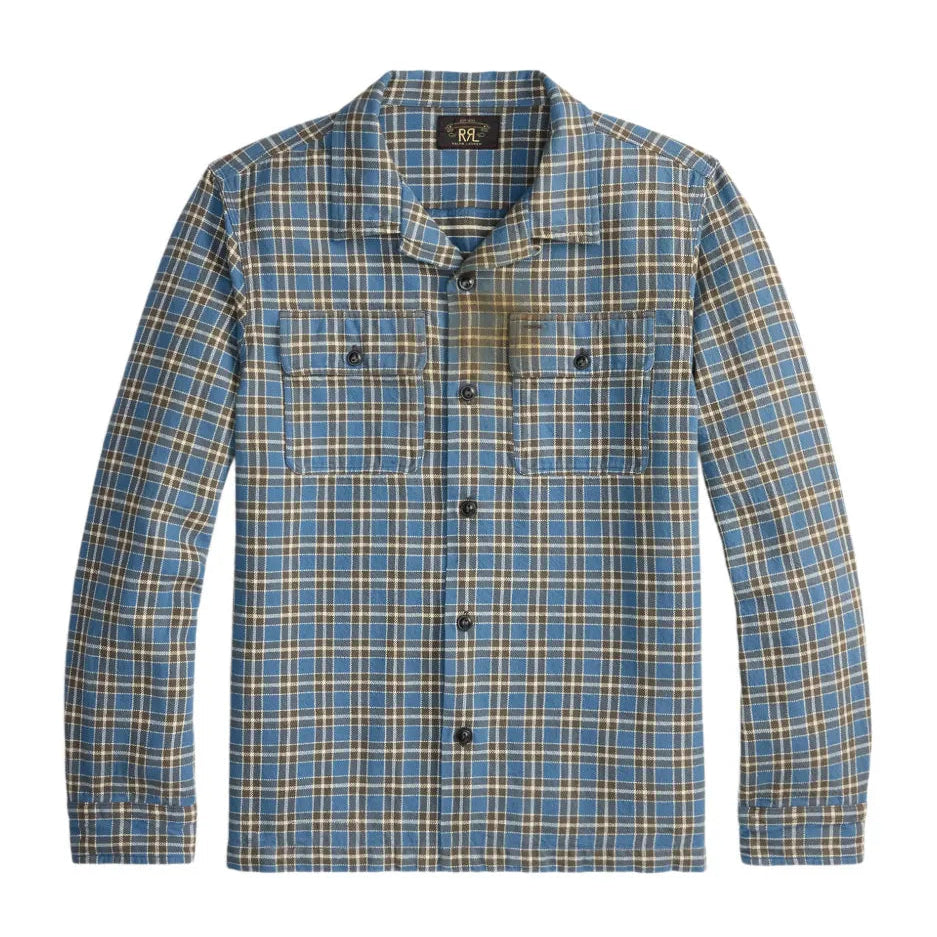 A blue and grey plaid long-sleeve button-up shirt with two chest pockets, displayed on a clean white background.