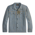 A blue and grey plaid long-sleeve button-up shirt with two chest pockets, displayed on a clean white background.