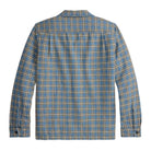 A long-sleeve plaid button-up shirt shown from the back, featuring a blue and grey checkered pattern on a white background.