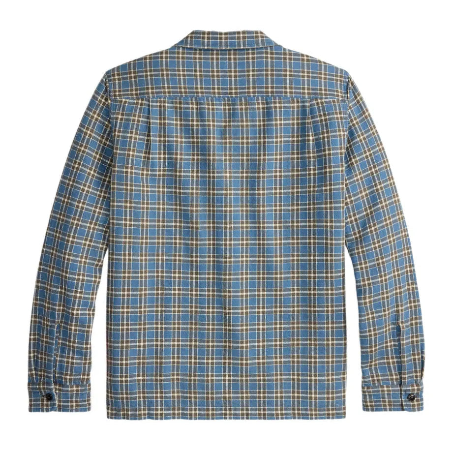 A long-sleeve plaid button-up shirt shown from the back, featuring a blue and grey checkered pattern on a white background.