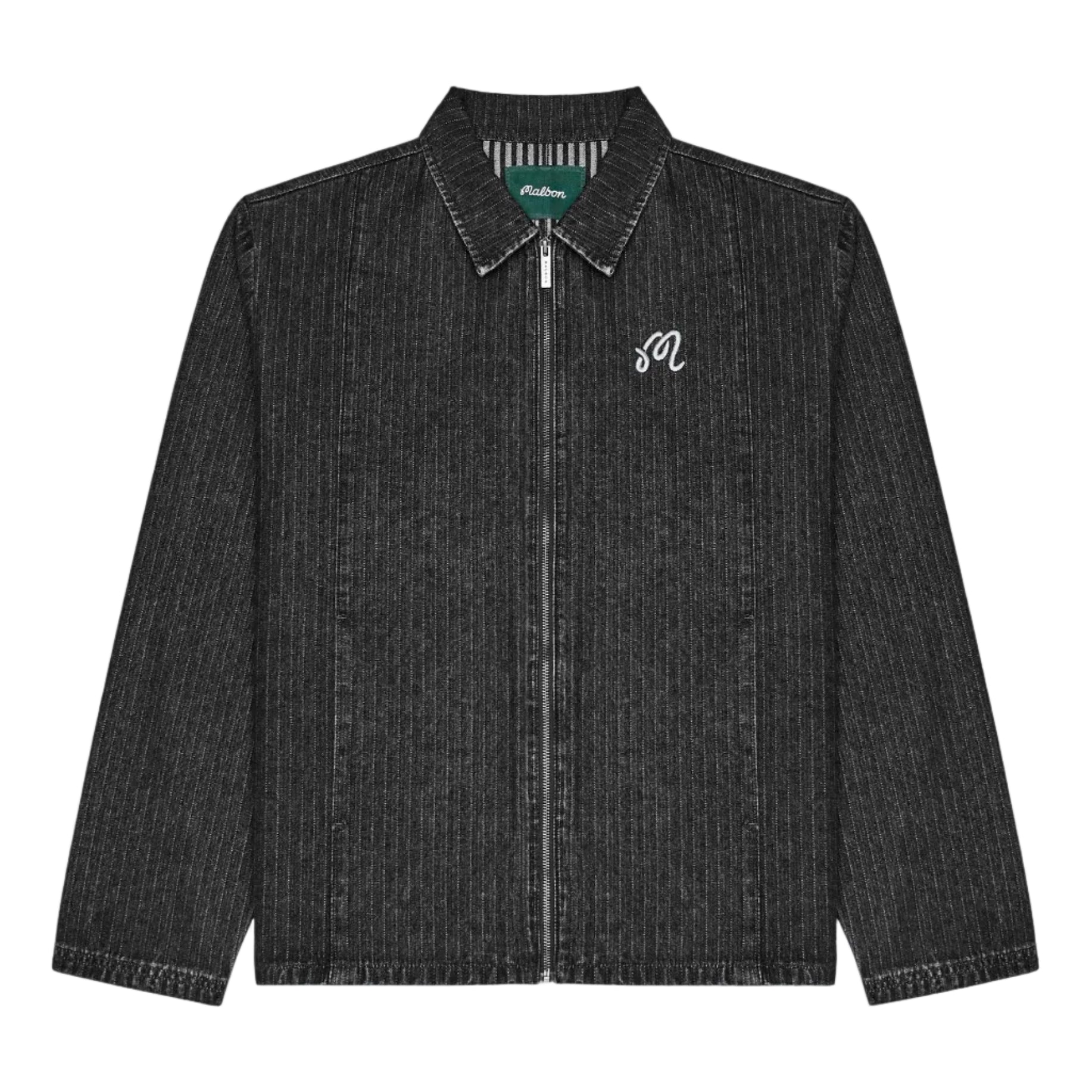 A dark black denim jacket with a vertical textured stripe pattern, featuring a white embroidered script 'M' logo on the left chest and a silver-tone zipper.