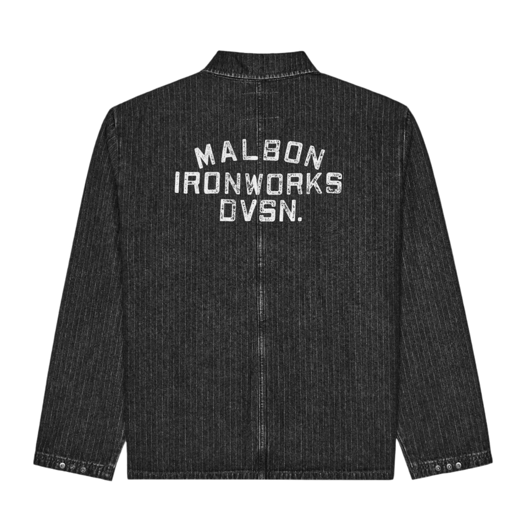 A dark black ribbed denim jacket shown from the back, featuring 'MALBON IRONWORKS DVSN.' printed in distressed white block letters across the upper back.