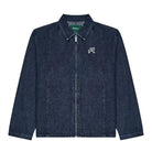 A dark blue denim jacket with a vertical textured stripe pattern, featuring a white embroidered script 'M' logo on the left chest and a silver-tone zipper.