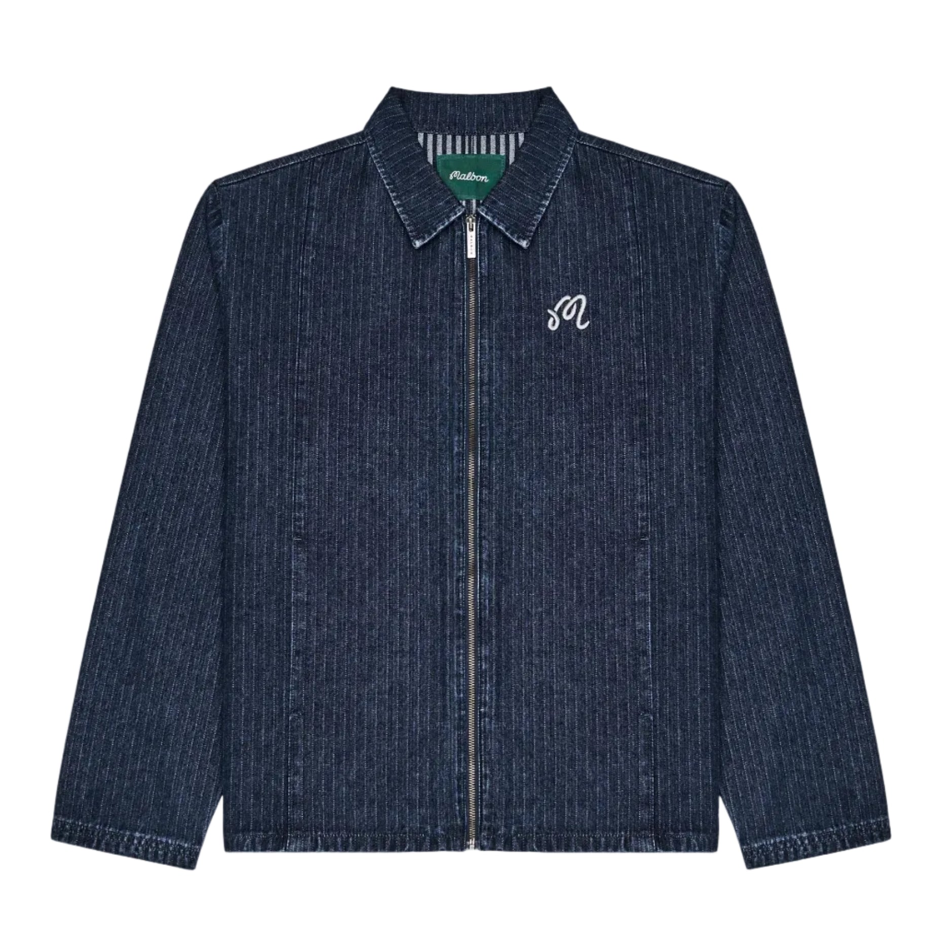 A dark blue denim jacket with a vertical textured stripe pattern, featuring a white embroidered script 'M' logo on the left chest and a silver-tone zipper.
