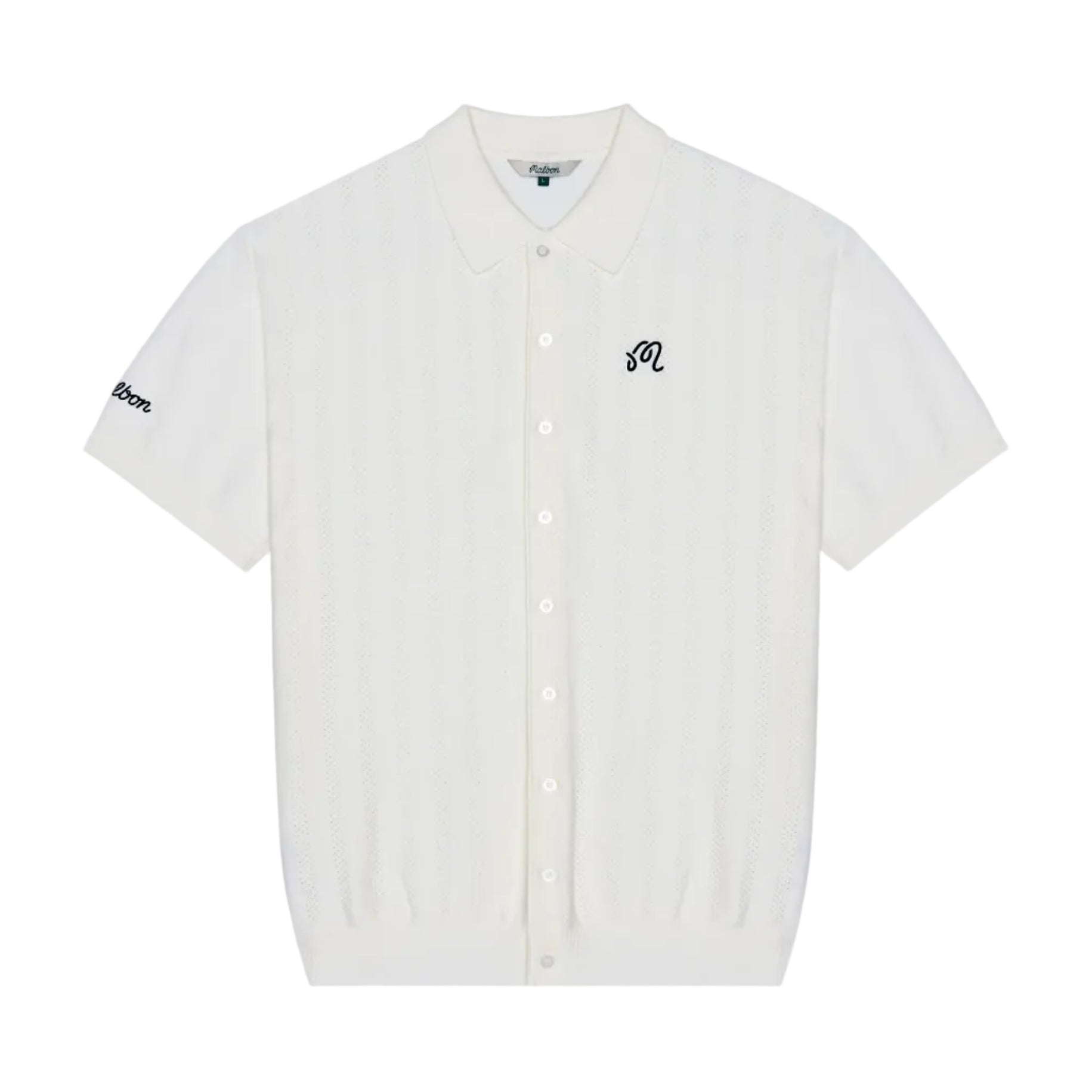 An off-white short-sleeve knit button-up shirt with a small black embroidered logo on the left chest and a sleeve patch, displayed on a clean white background.