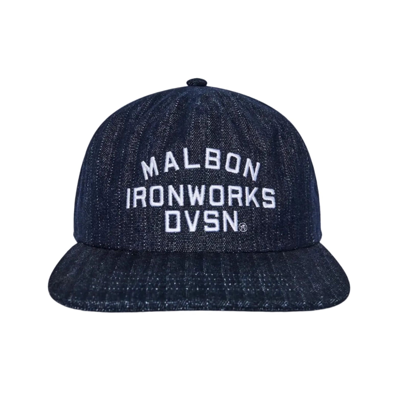 A dark navy blue denim flat-brim cap with white embroidered text reading 'MALBON IRONWORKS DVSN.' on the front, shown against a plain white background.