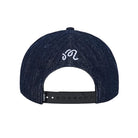 A dark navy blue textured baseball cap shown from the back, featuring a white embroidered script logo on the back panel and an adjustable black plastic snap closure.