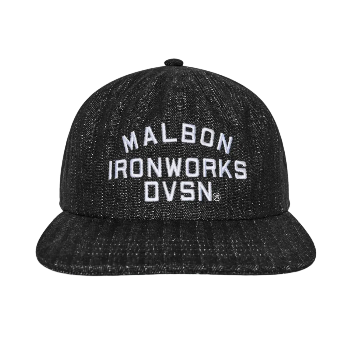 A black flat-brim baseball cap with white embroidered text reading 'MALBON IRONWORKS DVSN.' on the front, shown against a plain white background.