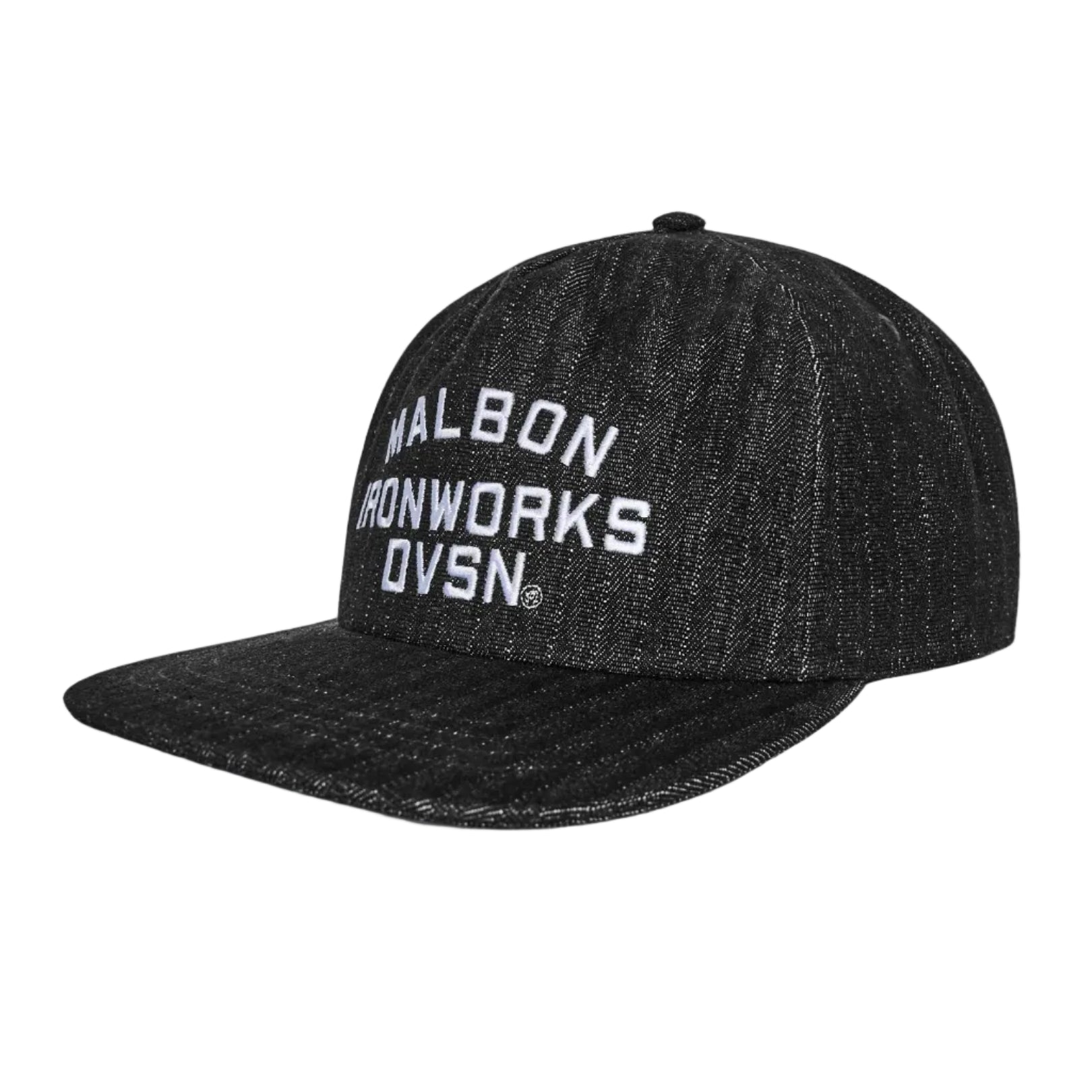 A black denim baseball cap with white embroidered text reading 'MALBON IRONWORKS DVSN.' on the front, shown against a plain white background.