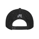 The back of a black textured snapback cap featuring a white embroidered stylized 'M' logo on the crown, set against a plain white background.