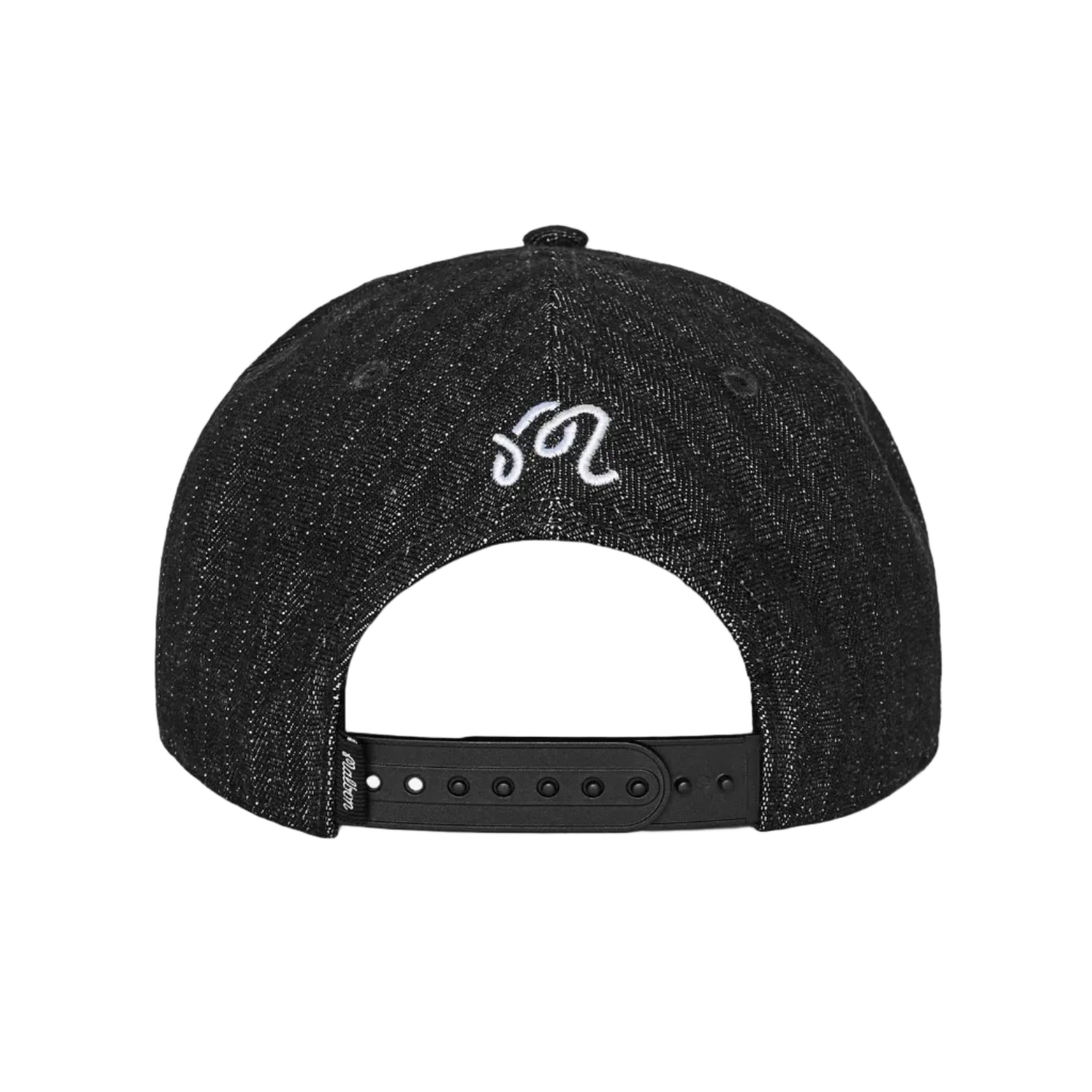The back of a black textured snapback cap featuring a white embroidered stylized 'M' logo on the crown, set against a plain white background.