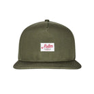 An olive green flat-brim cap with a white rectangular patch on the front featuring the red script logo 'Mathers'.