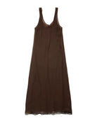 A dark brown sleeveless slip dress with a scoop neckline and delicate lace trim at the hem, displayed flat against a white background.