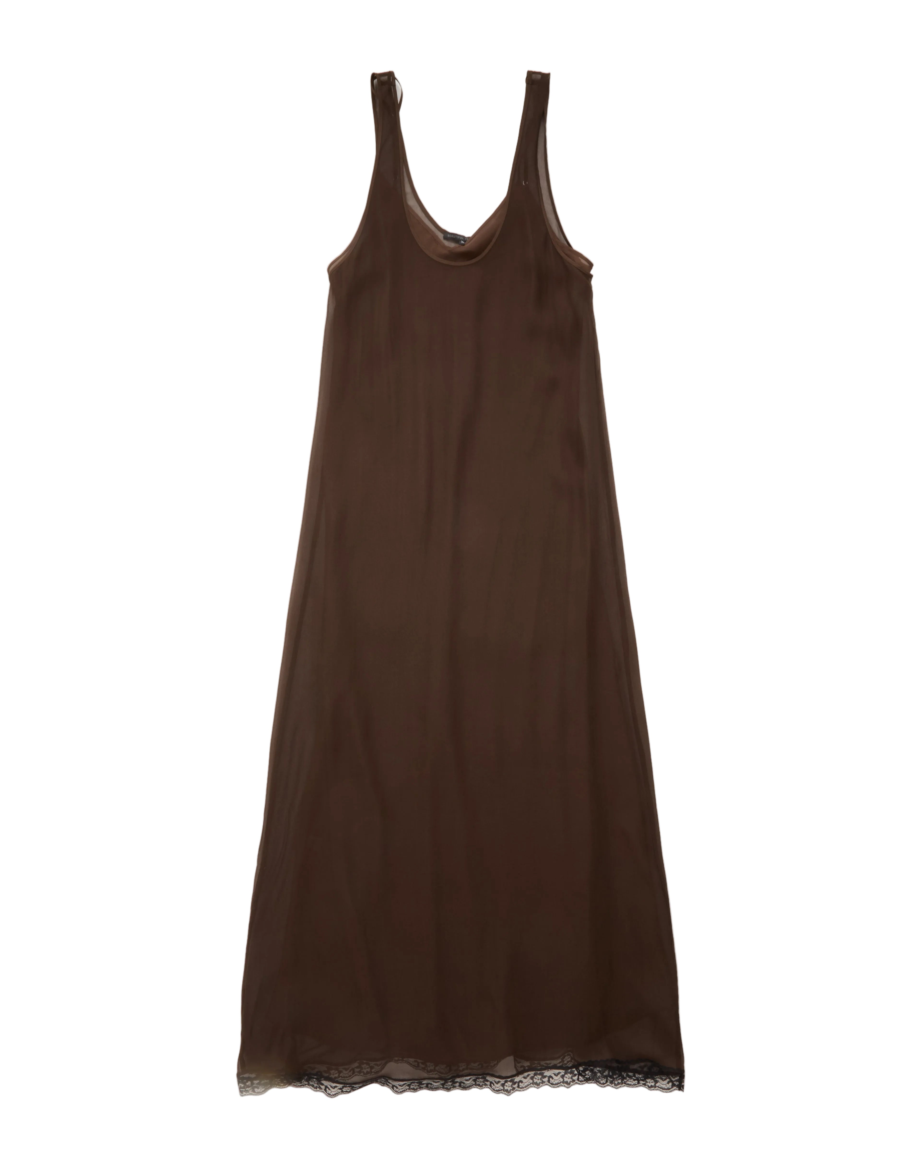 A dark brown sleeveless slip dress with a scoop neckline and delicate lace trim at the hem, displayed flat against a white background.