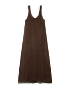 A dark brown sleeveless slip dress with a V-neckline and delicate lace trim at the hem, displayed flat against a white background.