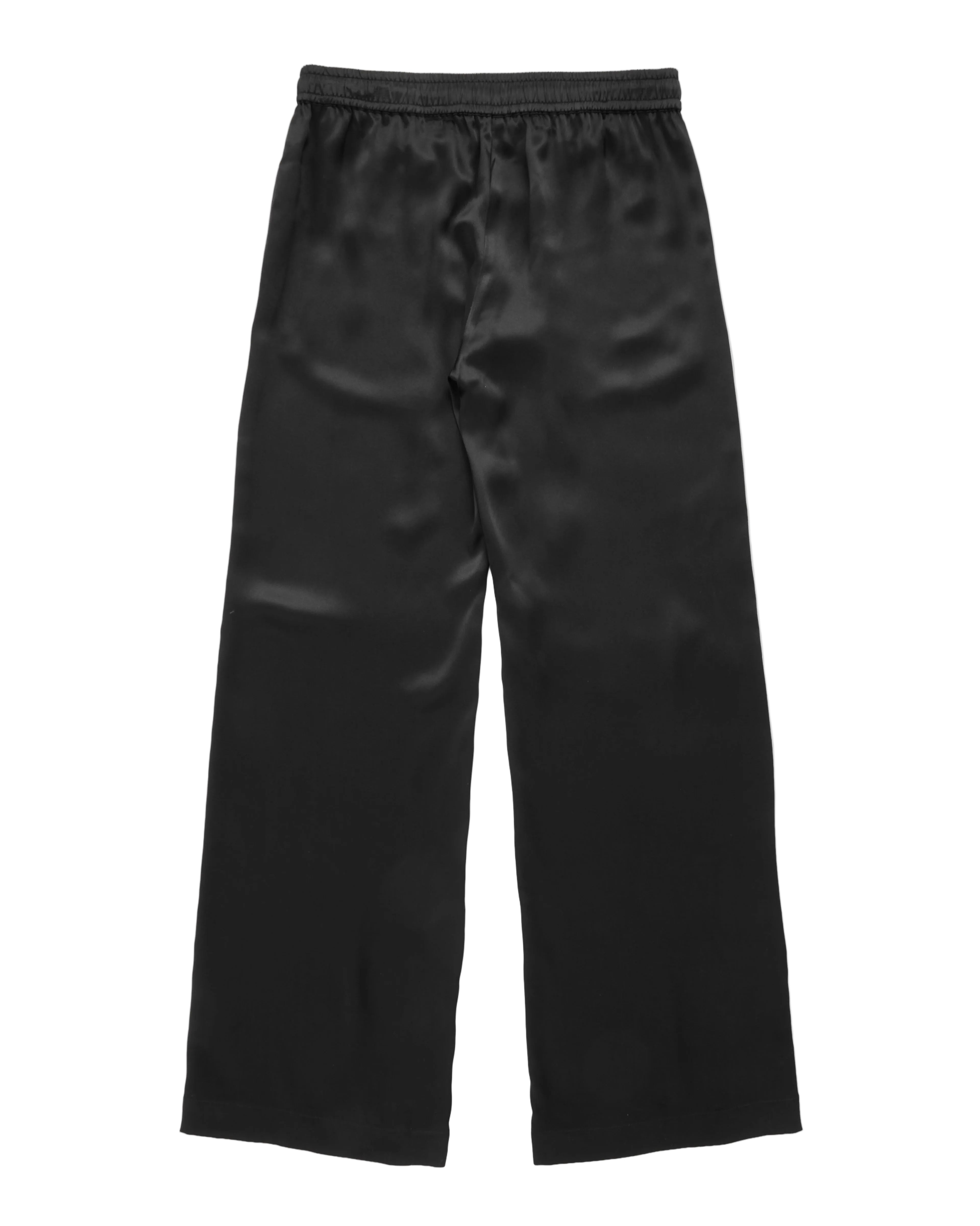 Black wide-leg pants with a satin-like sheen and an elastic drawstring waistband, shown flat against a white background.
