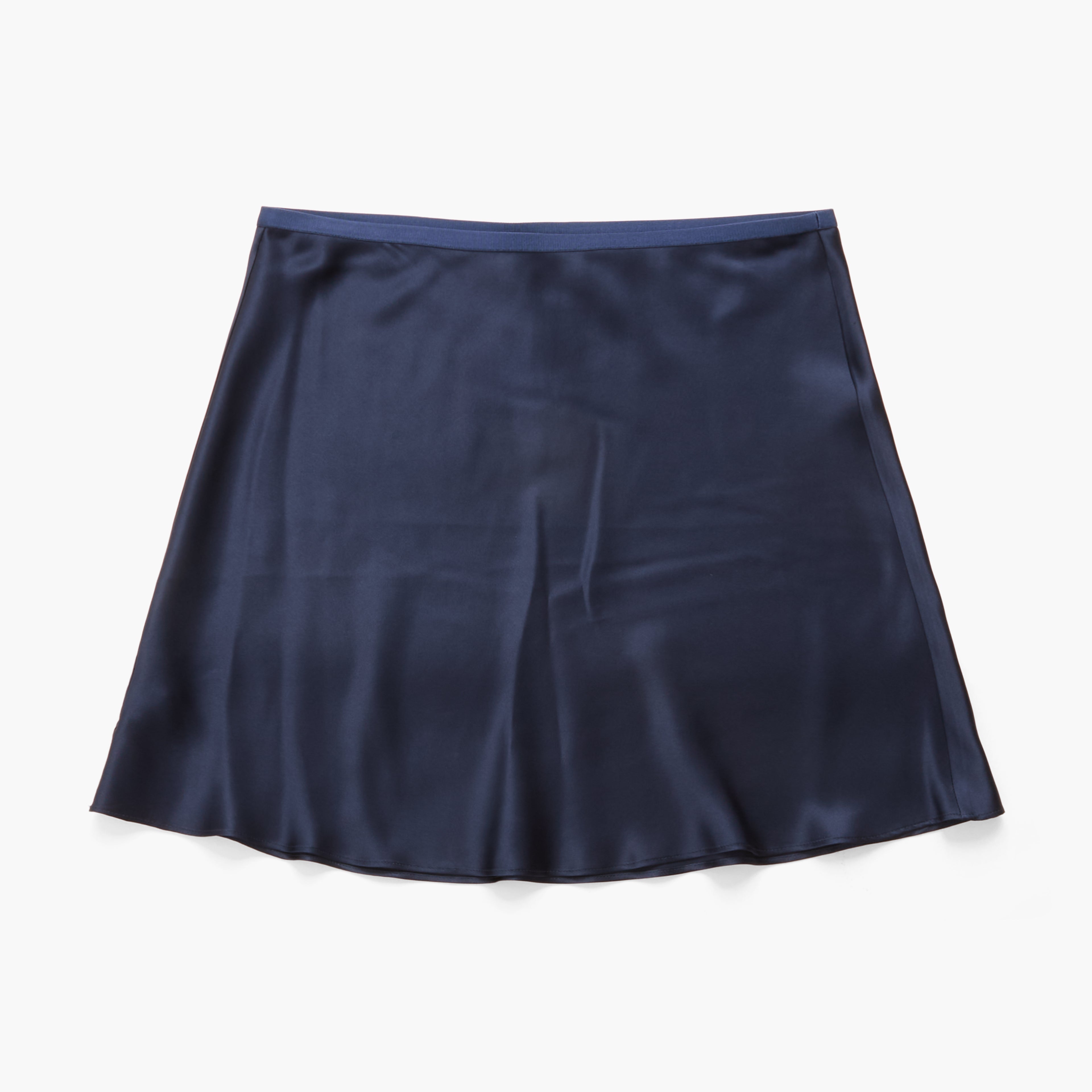 A navy blue satin or silky A-line skirt with a matching waistband, displayed flat against a clean white background.