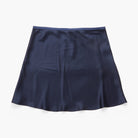 A navy blue silky skirt with a subtle sheen, laid flat against a clean white background.
