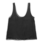 A black sleeveless silk tank top with wide straps and a delicate lace hem, displayed flat against a white background.