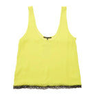 A bright yellow sleeveless tank top with a black lace hem, displayed flat against a white background.