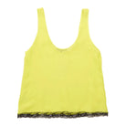 A bright yellow sleeveless tank top with a scoop neckline and a black lace trim along the bottom hem, displayed flat against a white background.